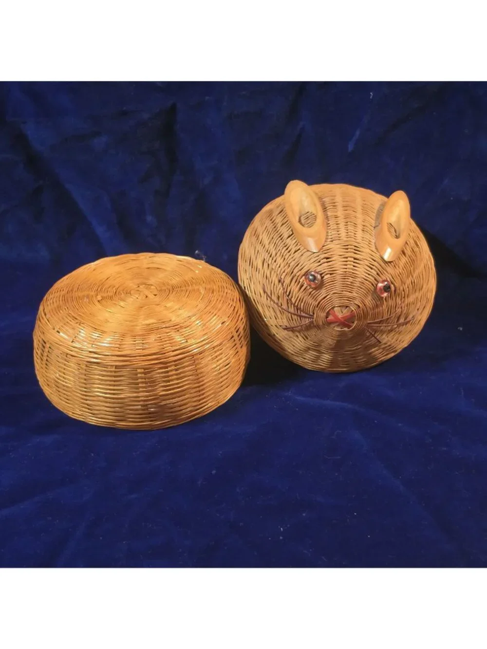 Vintage Woven Wicker Lidded Bunny Basket with Ceramic Liner 4.5